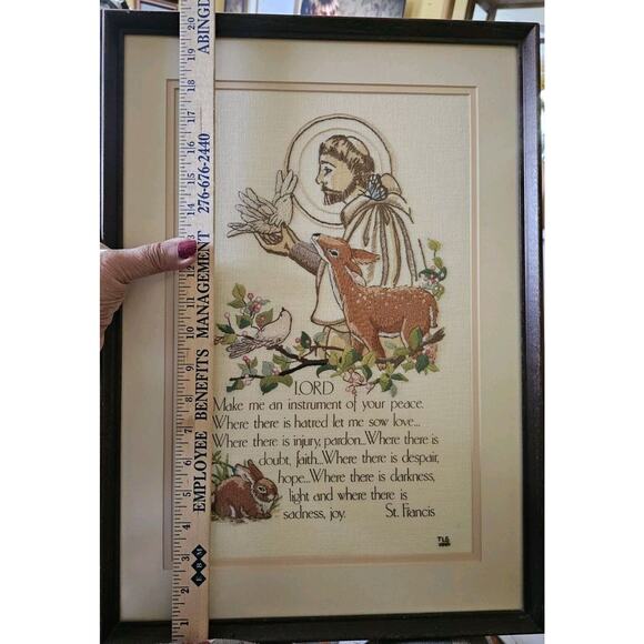 St Francis Of Assisi Embroidered Large Portrait Fawn Animals Quote Framed Matted - Picture 7 of 7